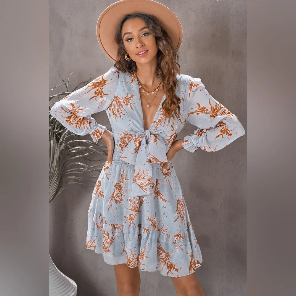 Floral Deep V Flounce Sleeve Mini Dress - Picture 5 of 11